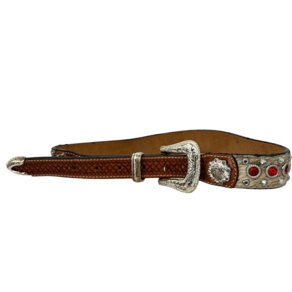 3-D western belt 28 calf hair gems crystals DDD silver hardware red leather - Picture 13 of 13